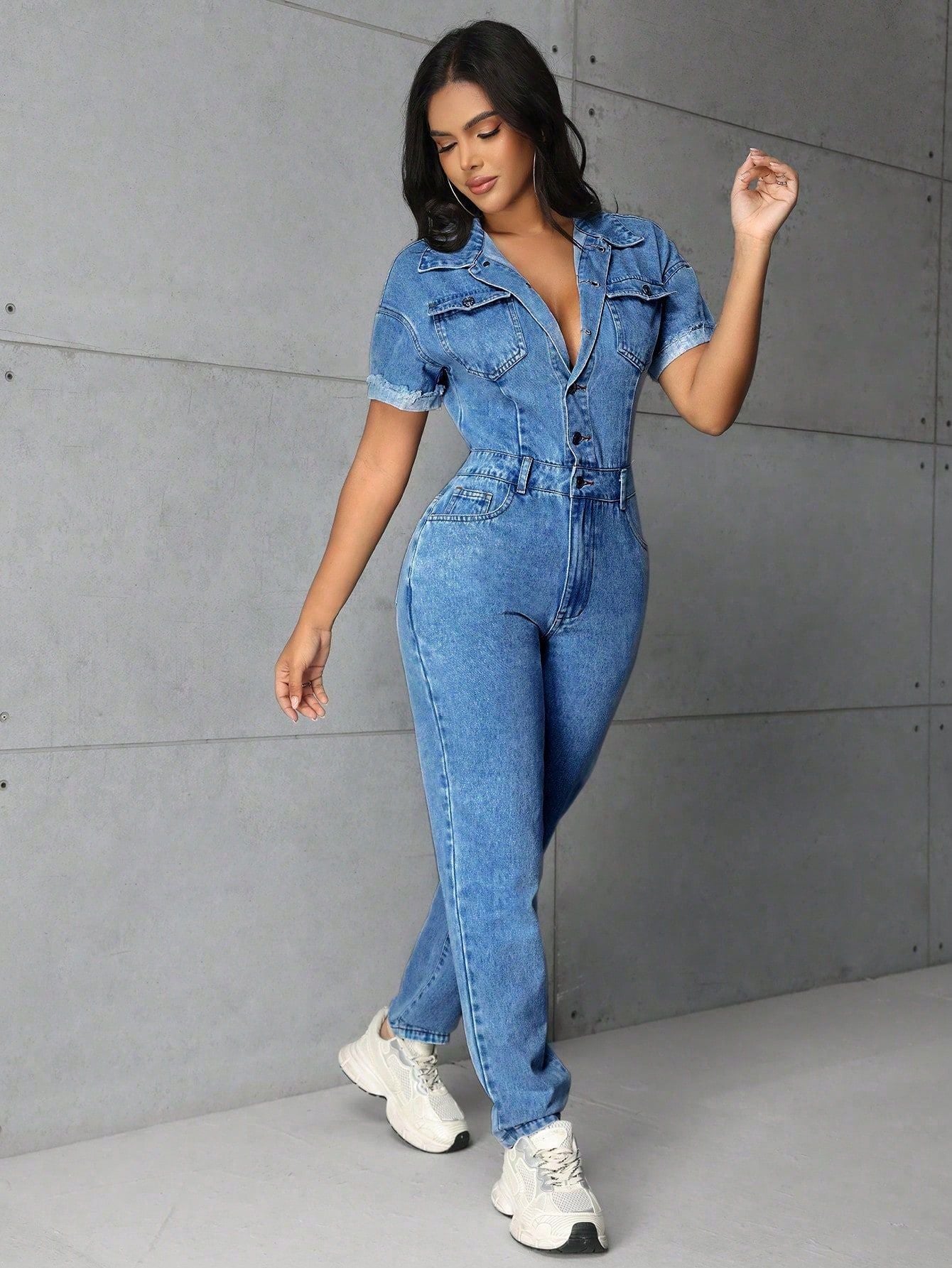 Women Clothing Casual Office Slim Fit Slimming One Piece Denim Trousers Blue