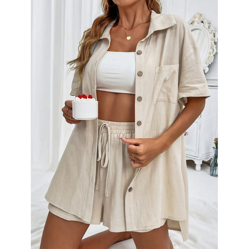 Women Clothing Spring Short Sleeve Cardigan Shirt Casual Shorts Two Piece Set