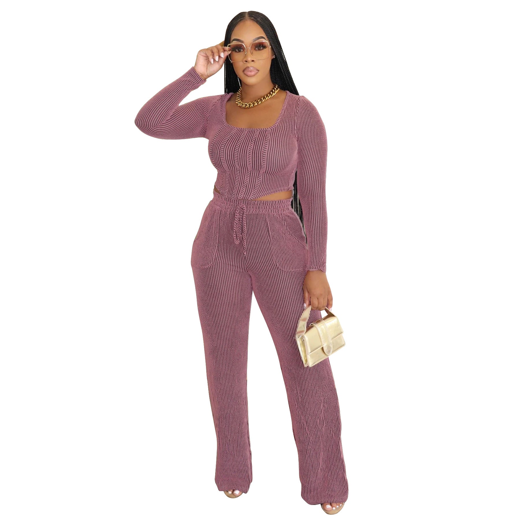 Women Wear Distressed Thread Suit Long Sleeve Pocket Drawstring Two Piece Set Autumn Winter Pink