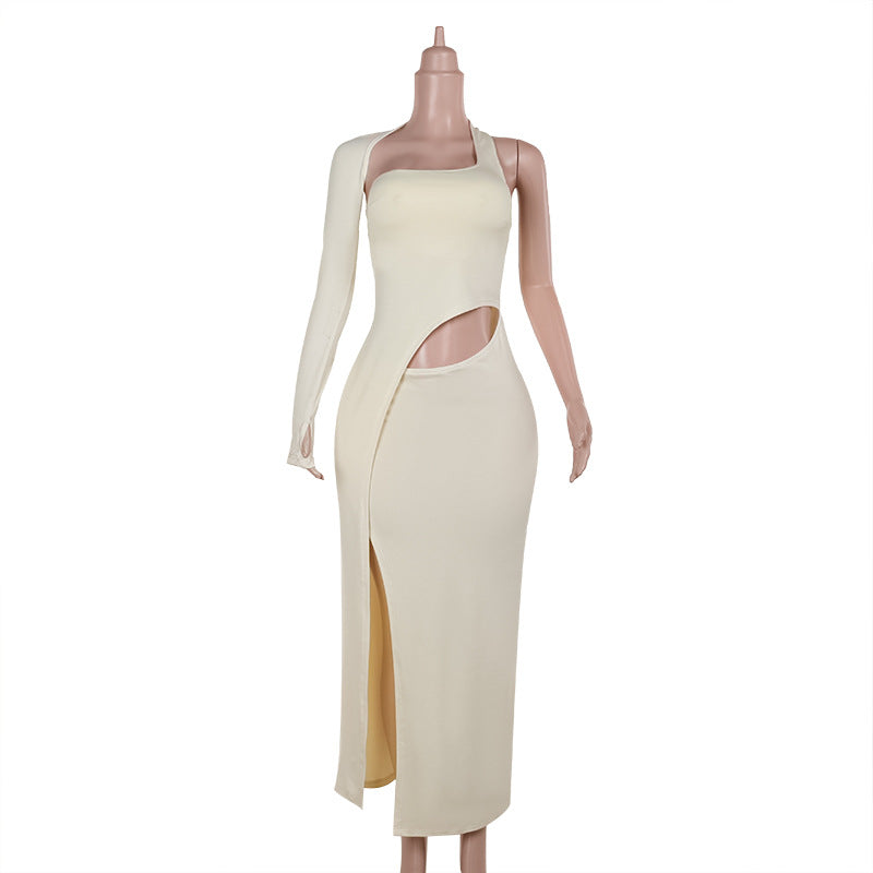 Autumn Elegant Sexy Design Hollow Out Cutout out Single Sleeve Split Dress Women Apricot