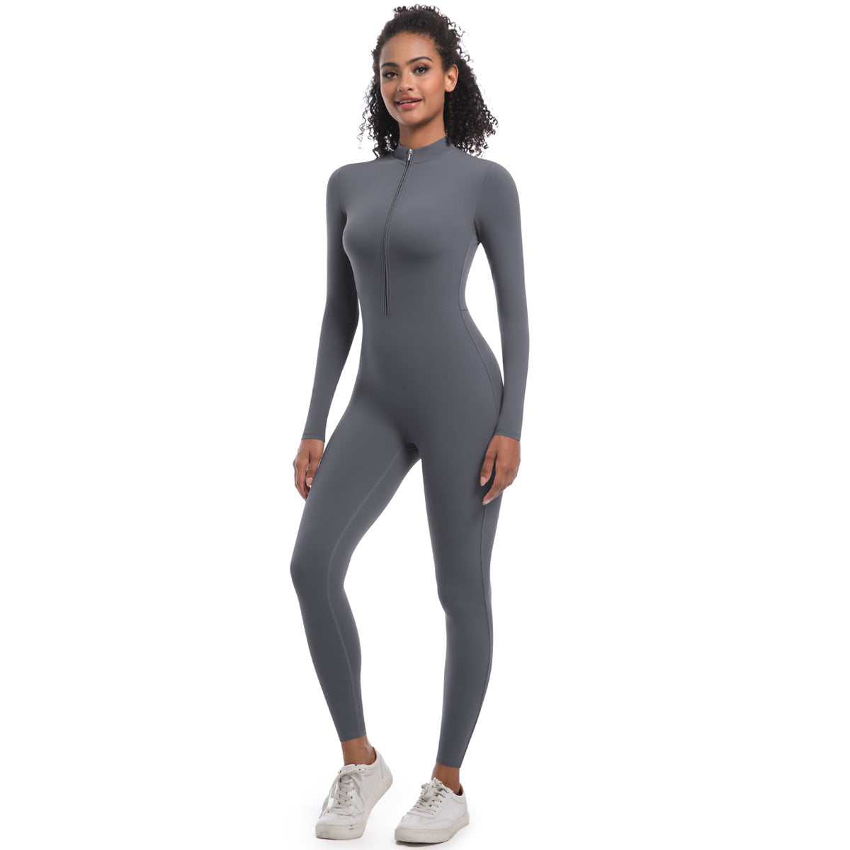 Zipper Nude Feel Long Sleeve Yoga Jumpsuit High Strength Running Fitness Clothes Sports Trend One Piece Tights Dark Gray