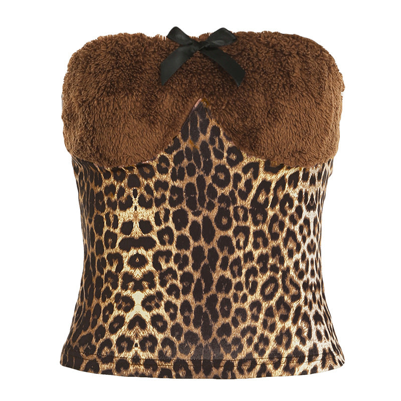 Wild Girl Sexy Leopard Print Furry Stitching Bow Chest Tube Top Personality All Match Waist Backless Top Brown