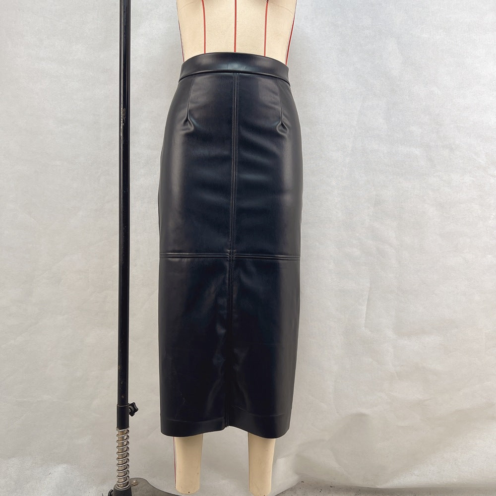 Women Clothing Winter High Waist Slimming Slit Skirt Faux Leather Mid Length Hip Skirt Black