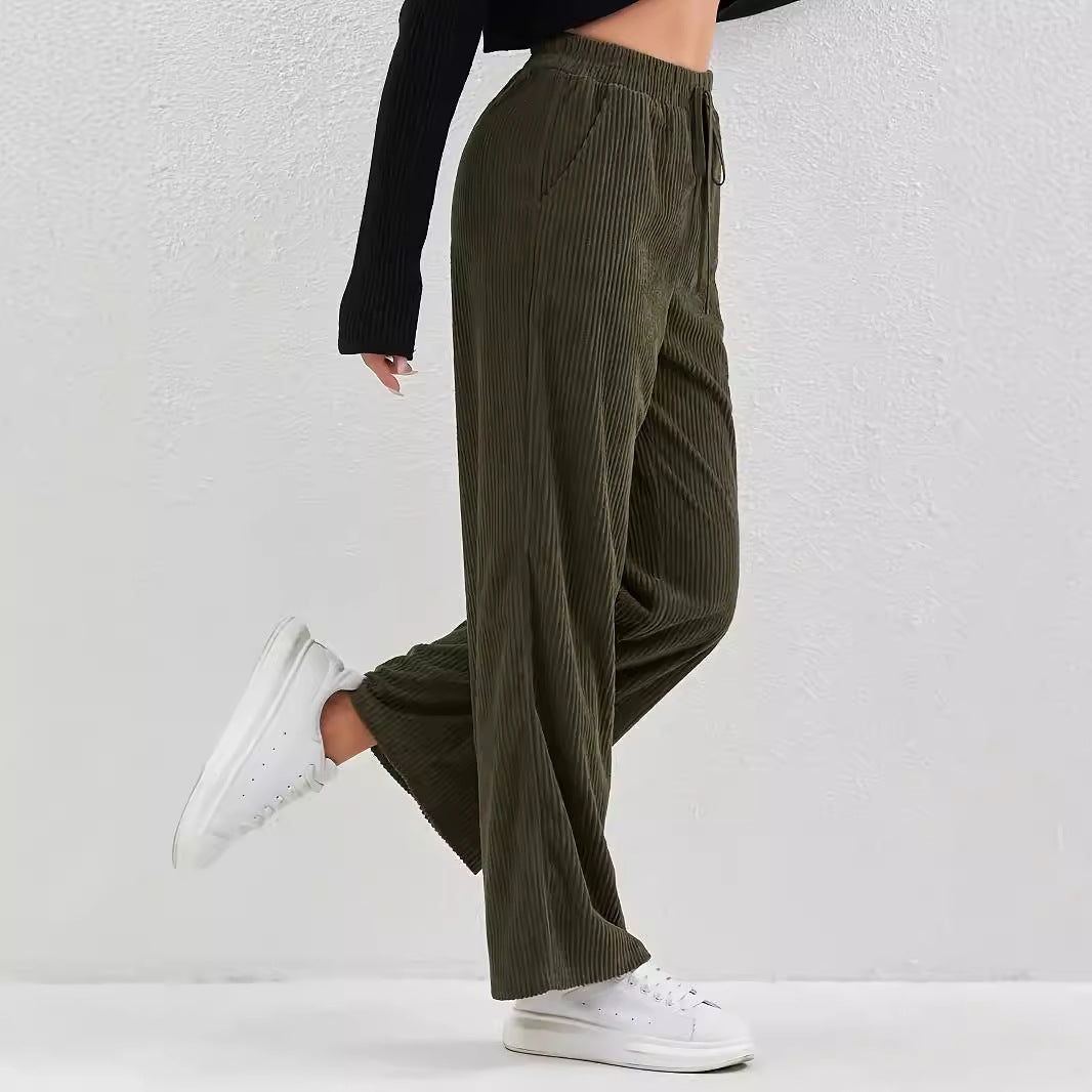 Women Casual Retro Solid Color All Matching Corduroy Elastic Waist Straight Leg Trousers