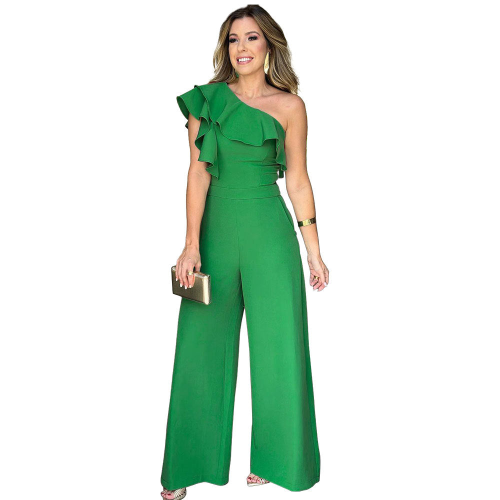 Wooden Ear Shoulder High Waist Loose Straight Women Jumpsuit Green