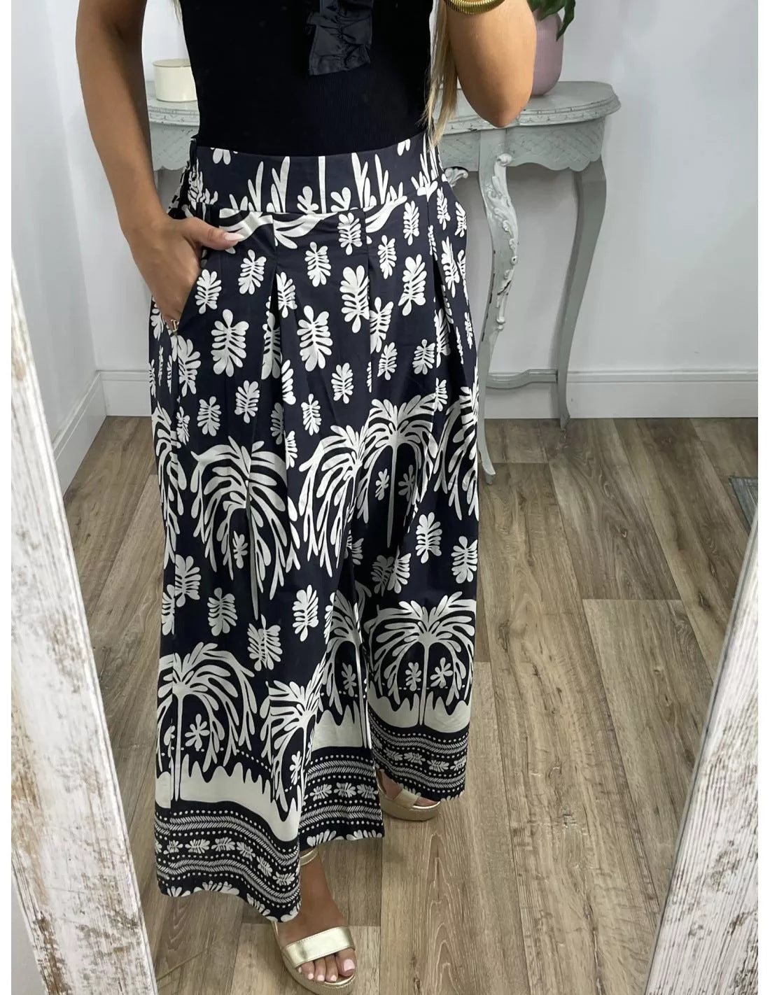 Women Casual Trousers Positioning Printing Loose Wide Leg Casual Trousers Black