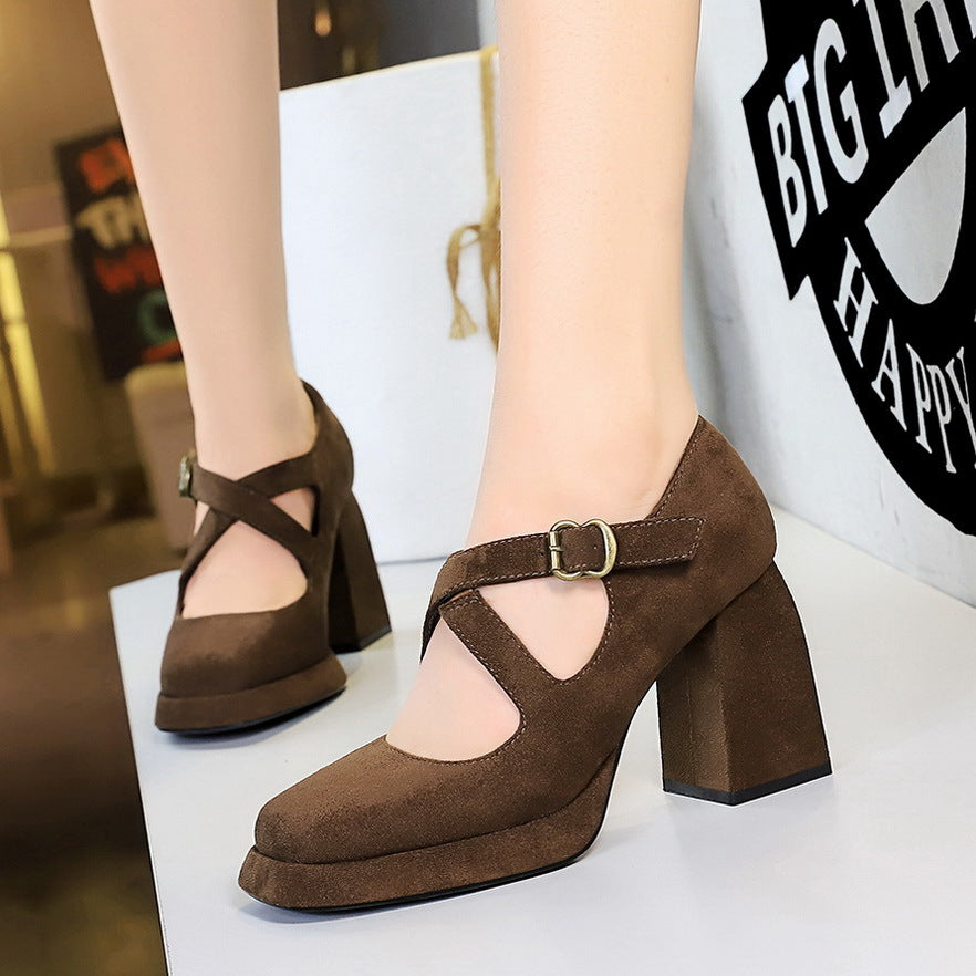 Women Shoes High Heel Chunky Heel Waterproof Platform Low Cut Square Toe Belt Buckle Suede Cross Strap Pumps Women Dark Brown