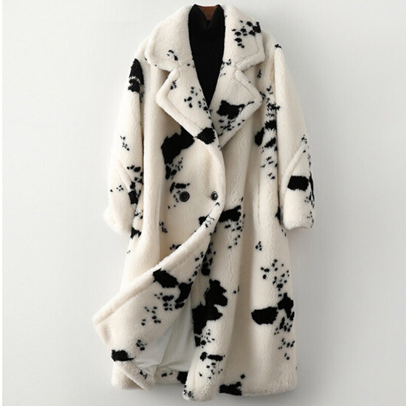 Women Winter Warm Wool Faux Fur Coat Chenille Coat Loose Long Printed Casual Trench Coat