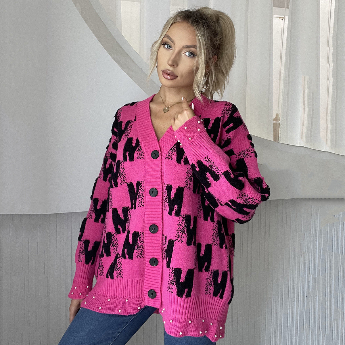 Women Knitted V neck Letter Graphic Full Printed Beaded Knitted Cardigan Autumn Winter Casual Sweater Coat Rose Pink