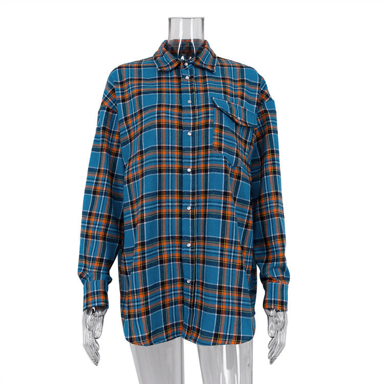 Women Clothing Autumn Winter Retro Loose Plaid Shacket Collared Long Sleeve Shirt Blue