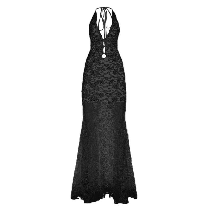 Vacation Sexy Lace Back Hollow Out Cutout out Strap Halter Deep V Plunge neck Slim Fit Dress Sexy See through Dress Black