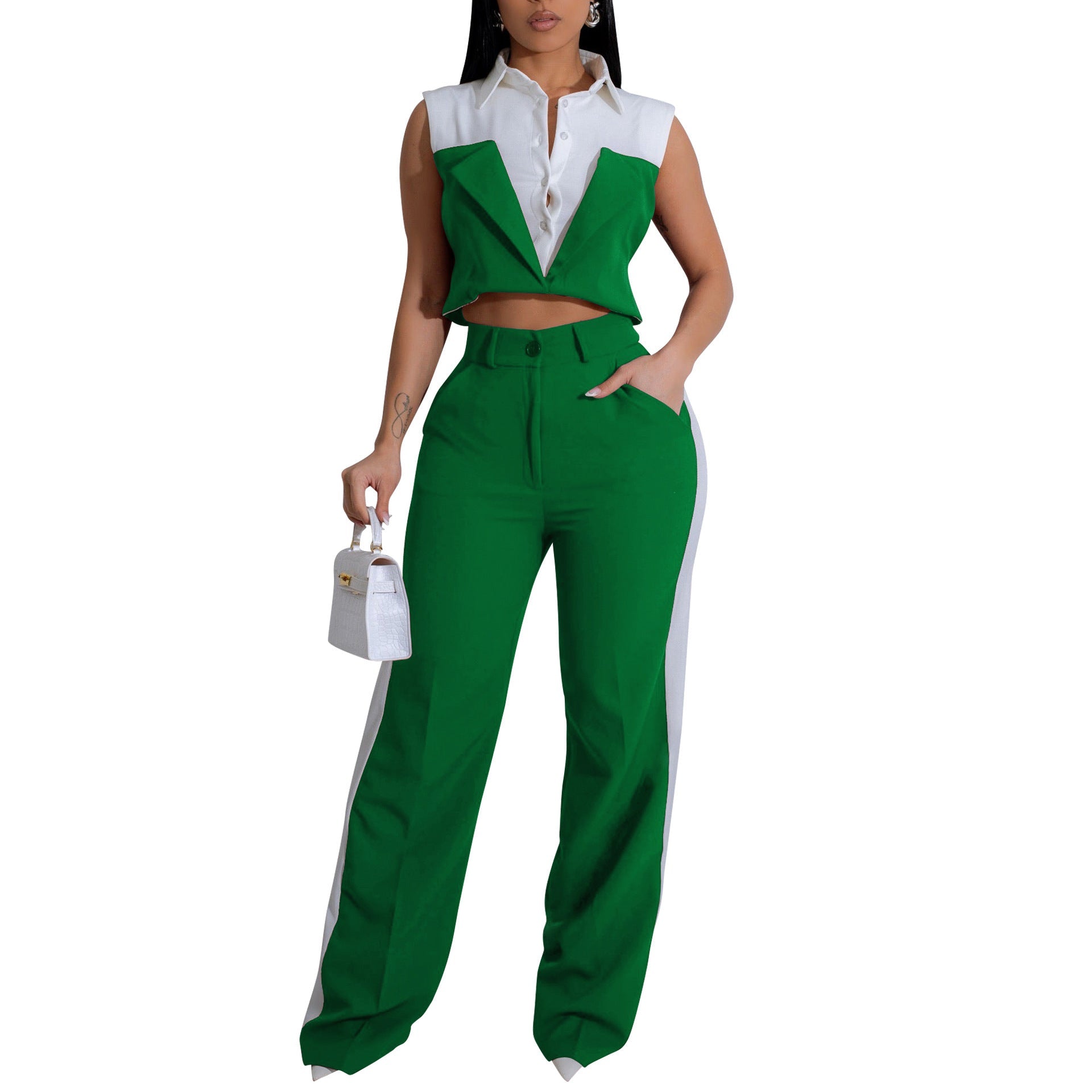 Women Clothing Shirt Sleeveless Summer Two Piece Set Faux Two Pieces Office Green