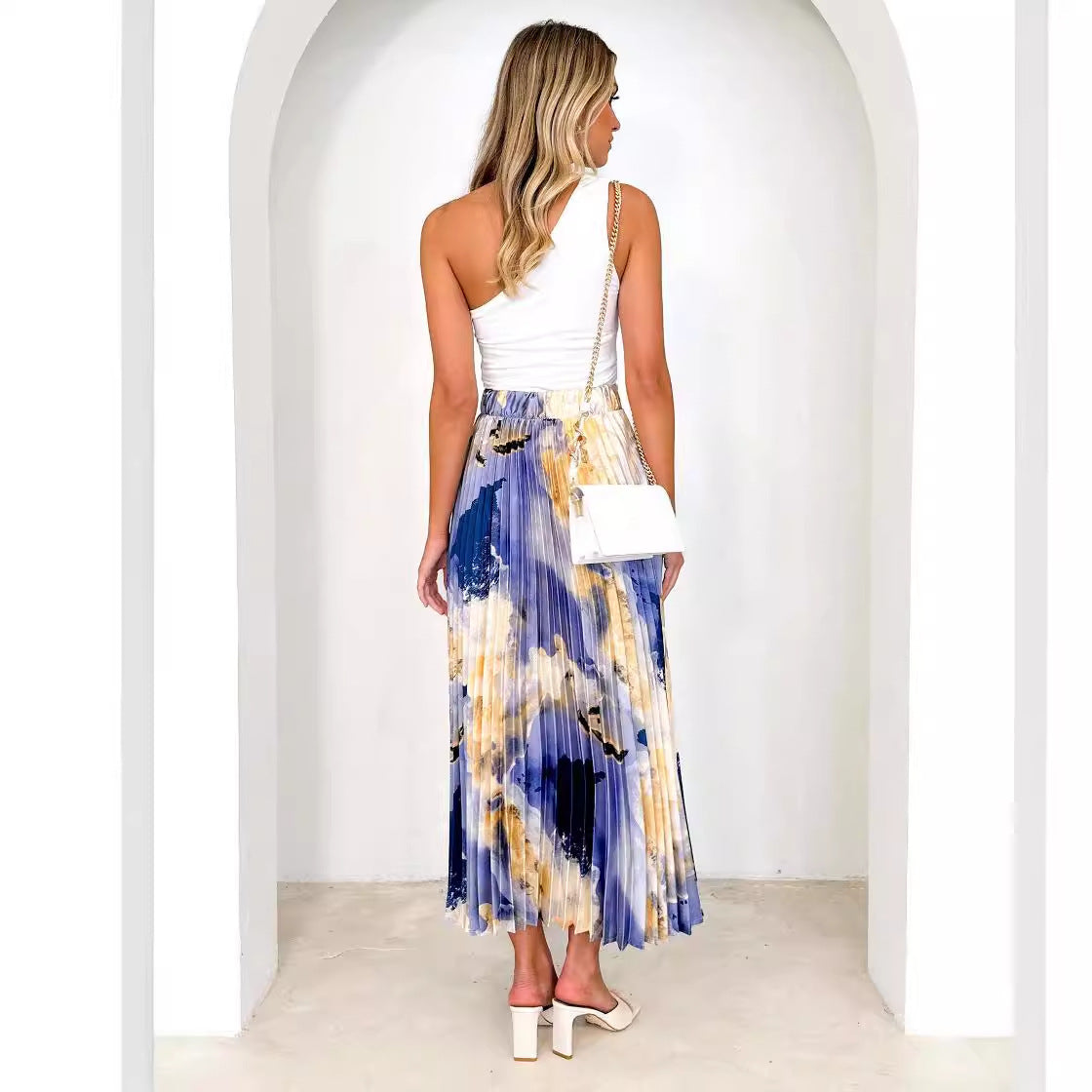 Spring Summer Elegant Draping Printed Pleated Skirt Women