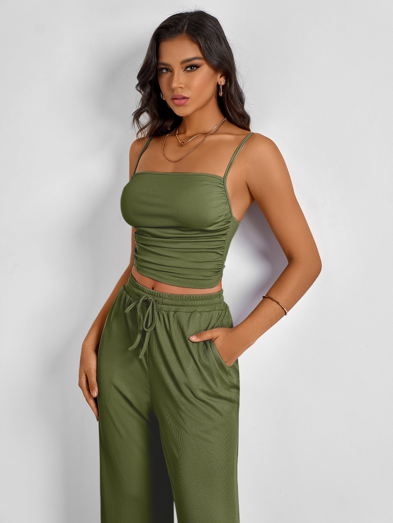 Summer Women Clothing Suit Small Sling Casual Trousers Sexy Comfortable Refined Two Piece Set Dark Green