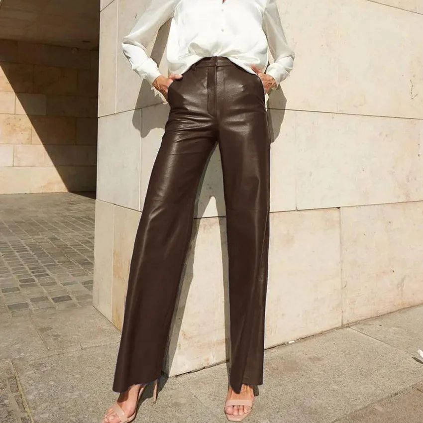 Women Clothing Spring Faux Leather Mid High Waist Hip Lifting Straight Women Casual Pants Women Pants