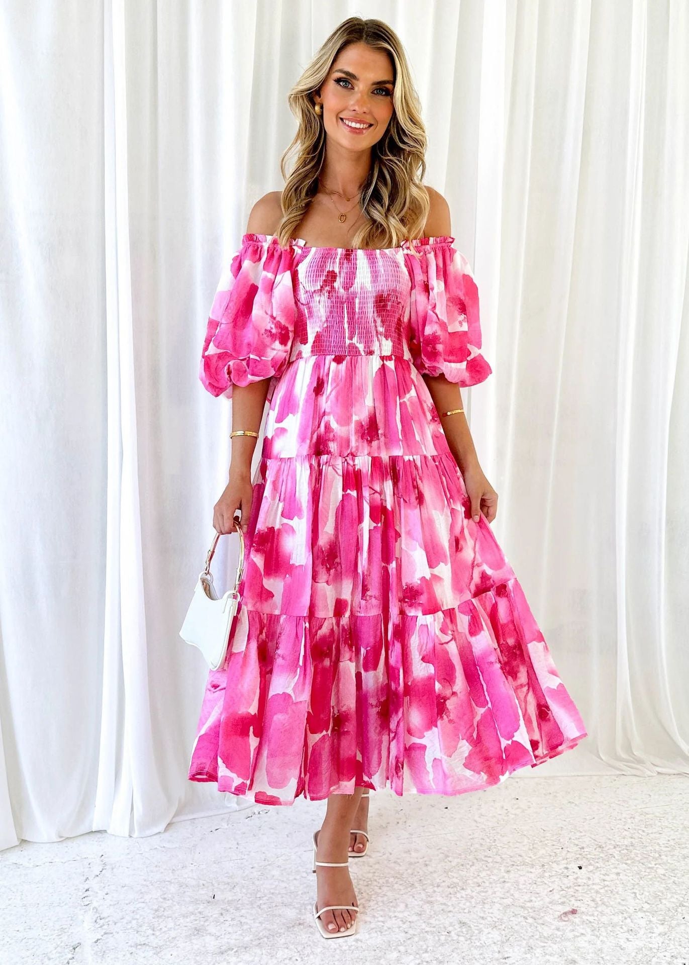 Summer Vacation Bubble Sleeve Printing French Tiered Dress Pink