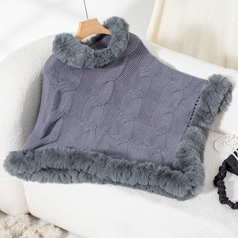 Women Clothing Autumn Winter Imitation Rex Rabbit Fur Collar Thick Cable Knit Pullover Sweater Cloak F Gray