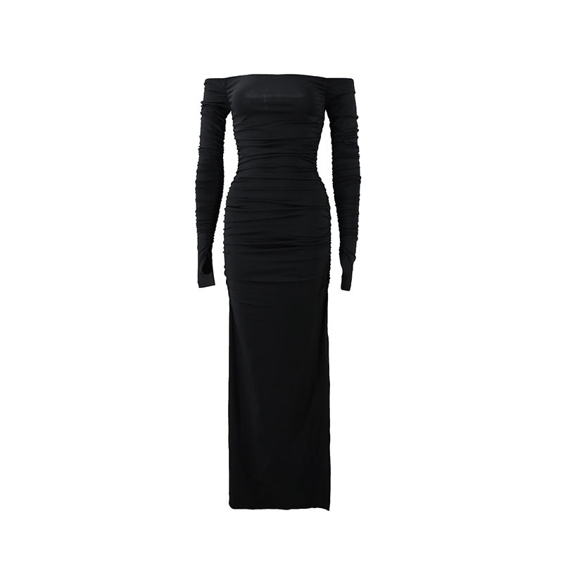 Women Clothing Autumn Winter off Neck Backless Pleated Long Sleeve Narrow Split Dress Black