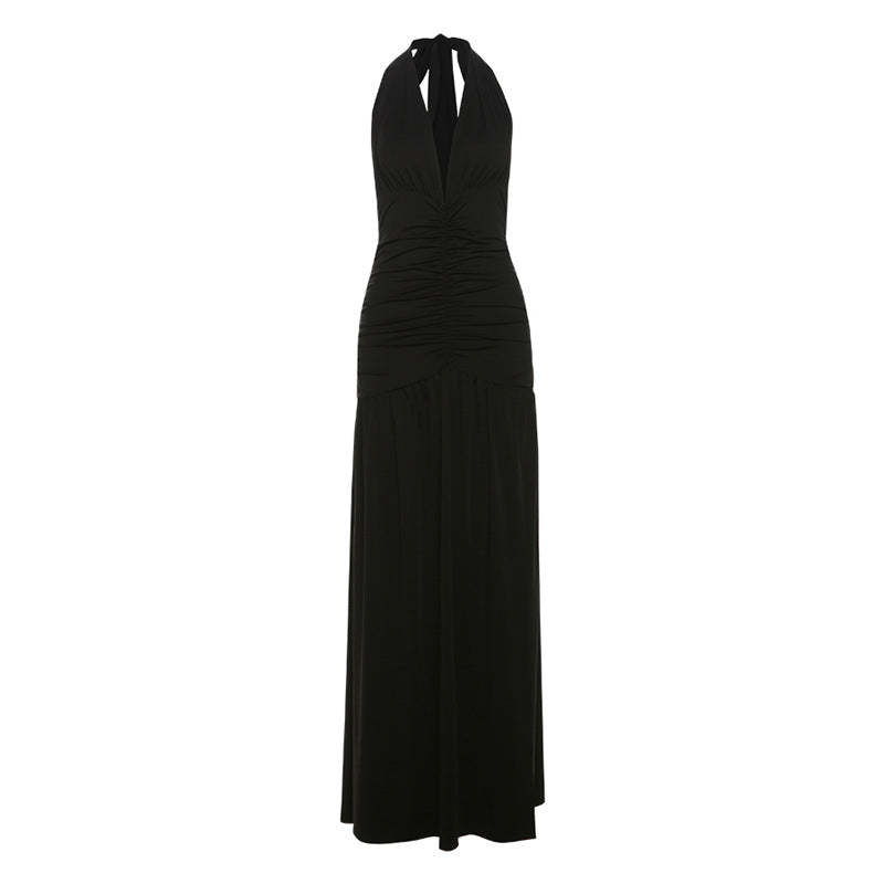 Summer Women Clothing Elegant Halter V neck Dress Sexy Slit Pleated Backless Dress Black