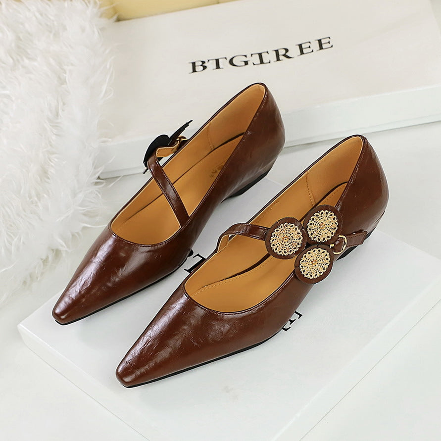 Women Single Layer Shoes Metal Decoration Shallow Mouth Pointed Toe Wedge Low Heel Shoes Pumps Dark Brown