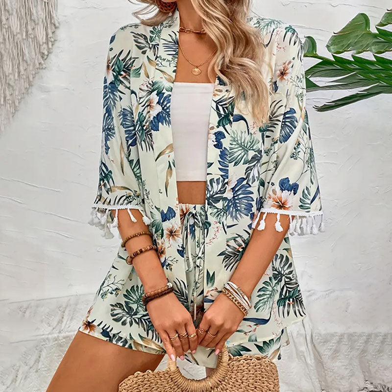 Women Clothing FlyAway Jacket Beach Pants Set Printed Tassel Short Two Piece Set Top Women White