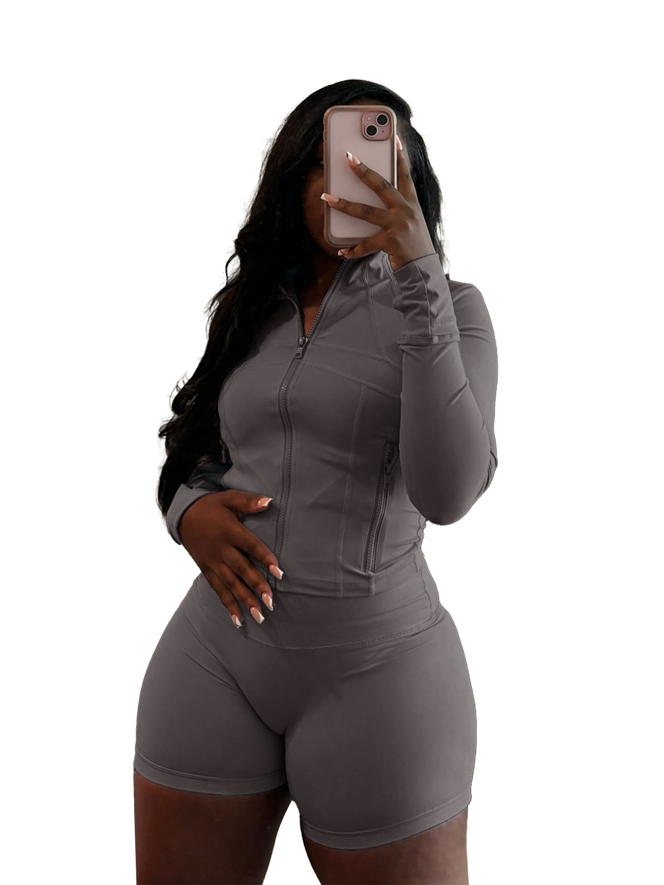 Spring Sports Casual Sexy Tight Long Sleeve Shorts Two Piece Set Gray