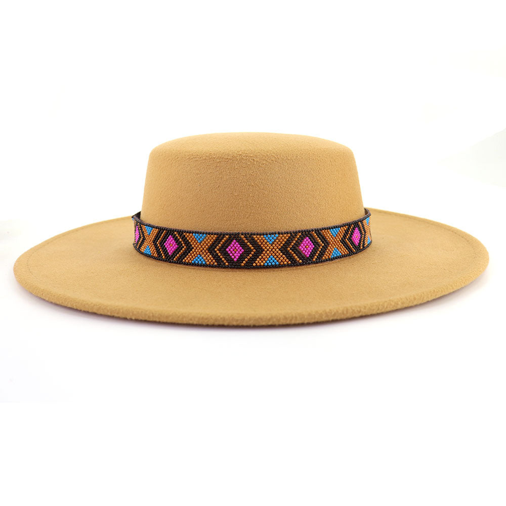 [Minimum order quantity is 2 pieces]Woolen Flat Top Hat Large Brim Hat Bohemian Holiday Broad Brimmed Hat