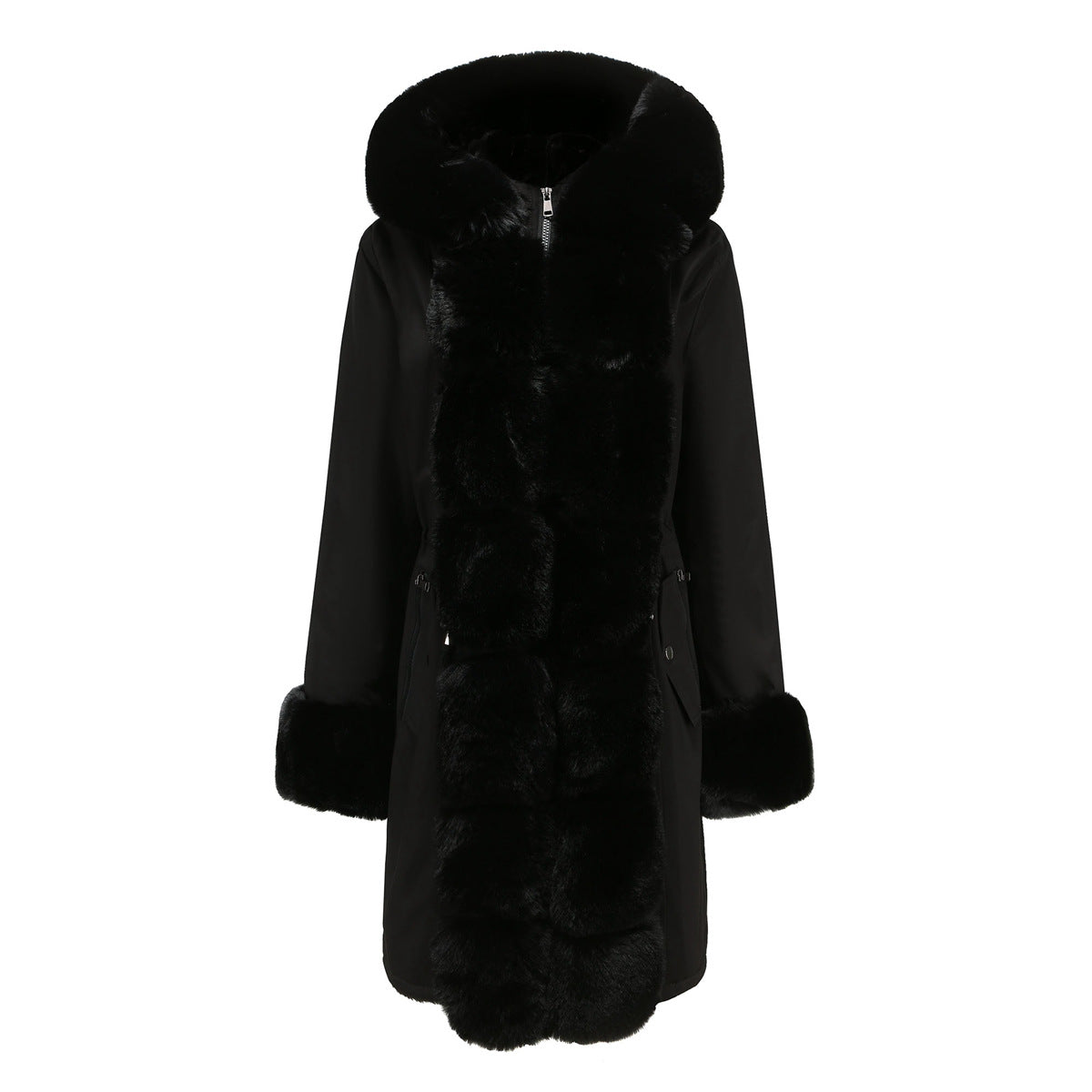 Winter Cotton Coat Women Detachable Fur Collar Mid Length Long Sleeve Parka Solid Color Hooded Warm Cotton Padded Jacket Black