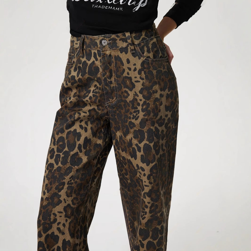 Women Clothing Vintage Leopard Print Straight Leg Denim Trousers