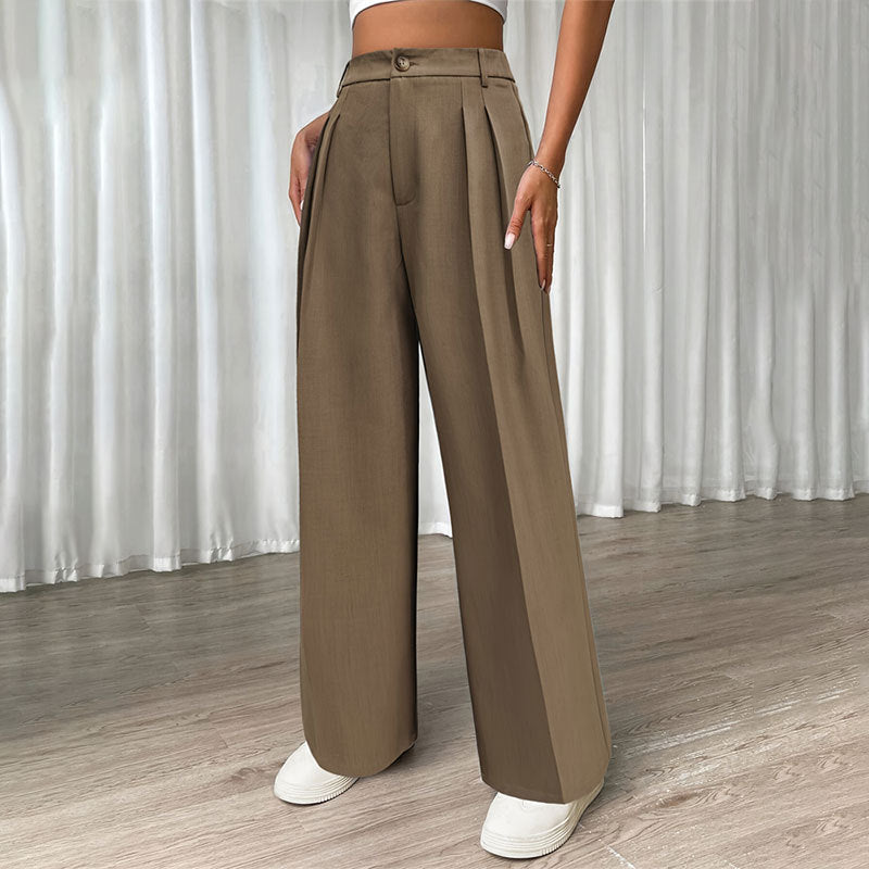 Women Clothing Office Pleated Loose High Waist Straight Pants Casual Pants Solid Color Pants Women Summer Pants Women