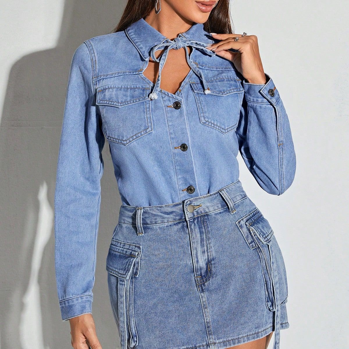 Women Clothing Retro Collar Hollow Out Cutout out Tied Denim Coat Blue