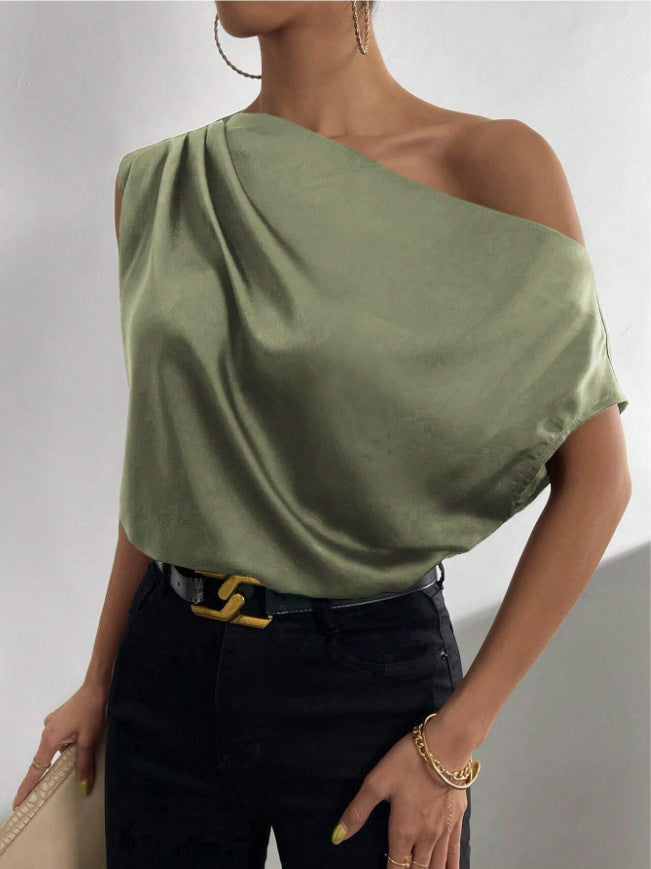 Spring Solid Color Satin Artificial Silk Irregular Asymmetric Shoulder off Shoulder Pullover Sleeveless Shirt Women Clothing Army Green