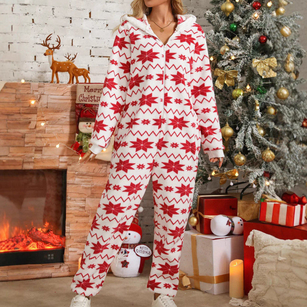 Women Clothing Autumn Winter Loose Long-Sleeved Trousers Christmas Printed Plush Jumpsuit