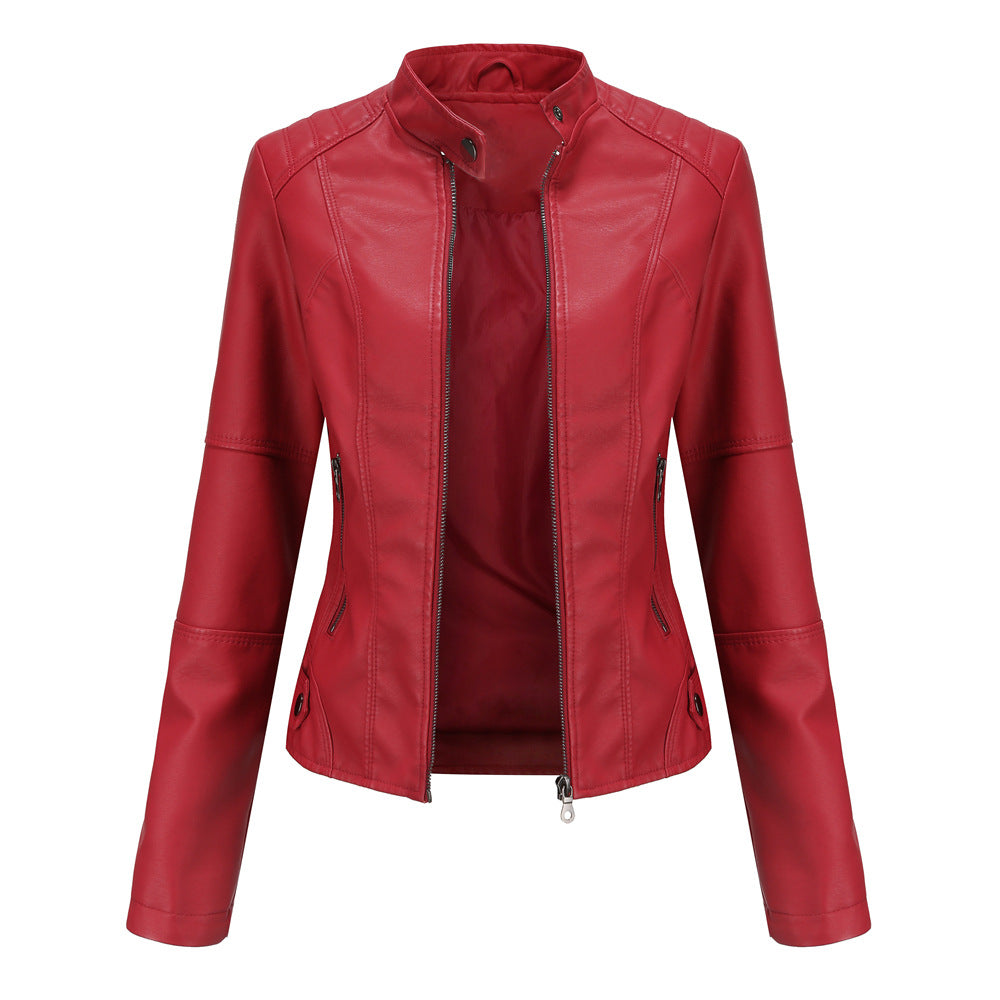 Women Leather Jacket Women Slim Jacket Thin Spring Autumn Coat Women Motorcycle Clothing Stand Collar Leather Jacket Red