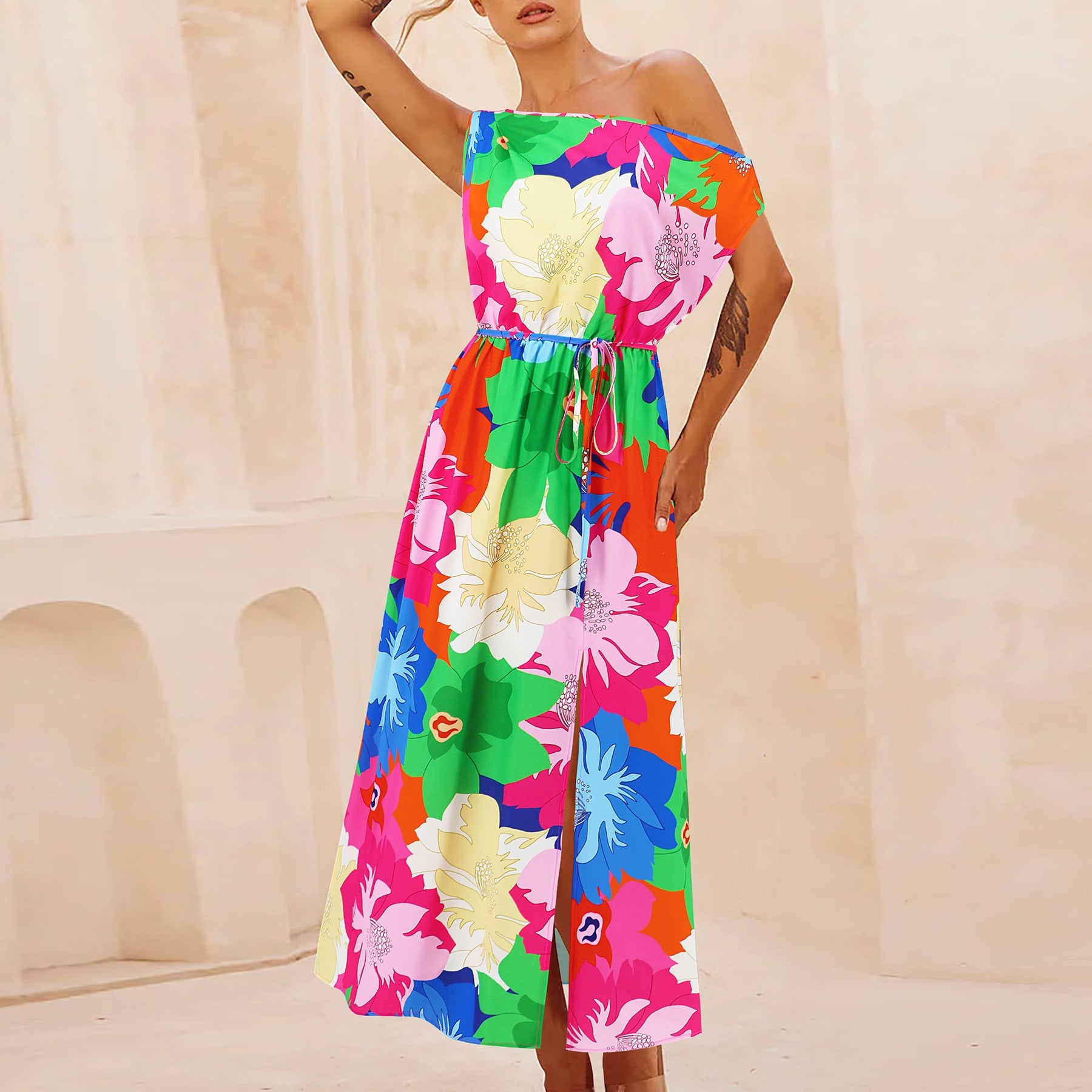 Spring Summer Elegant Slim Printed Dress Off Neck Slit Belt Dress Multcolor-2