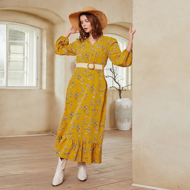 Year V neck Regular Sleeve Long Sleeve Printed Maxi Dress