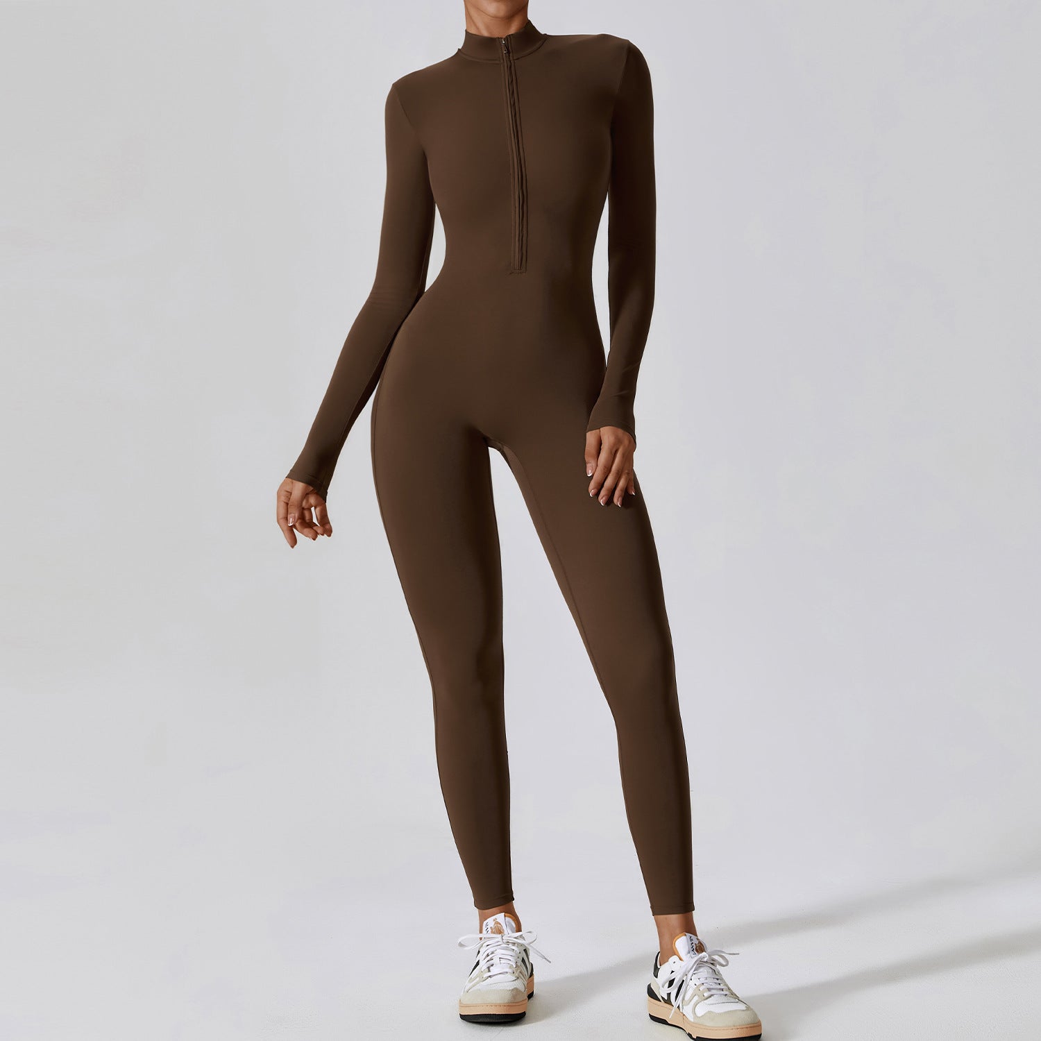 Zipper Nude Feel Long Sleeve Yoga Jumpsuit High Strength Fitness One Piece Tights Coke Tea Coffee Color