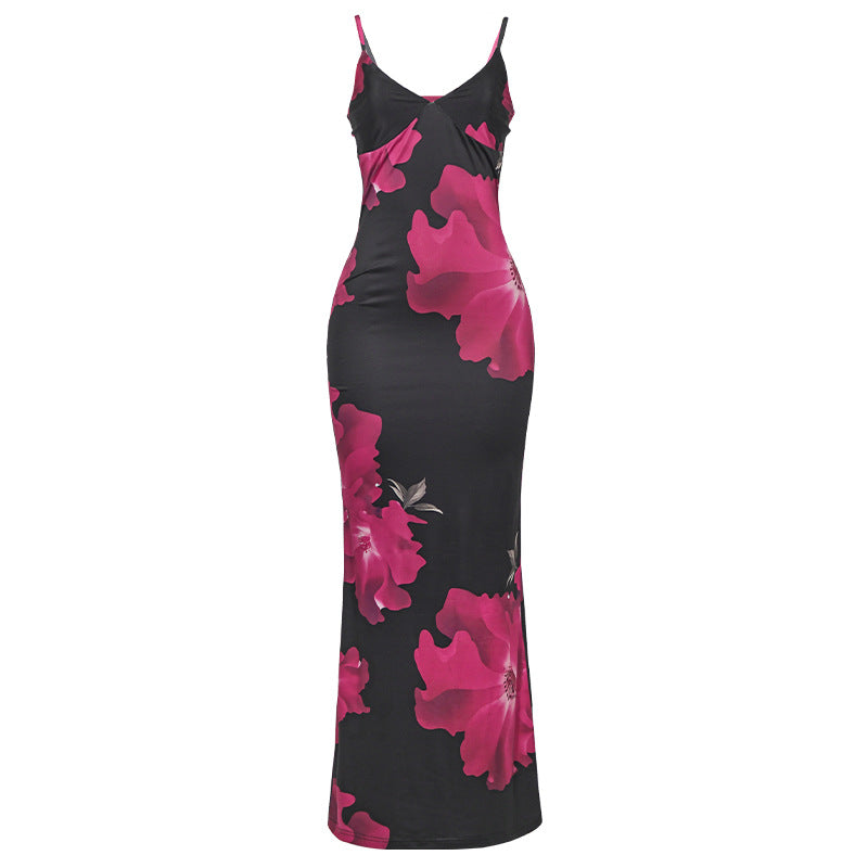 Summer Sexy Sleeveless Strap Floral Print Maxi Dress Rose