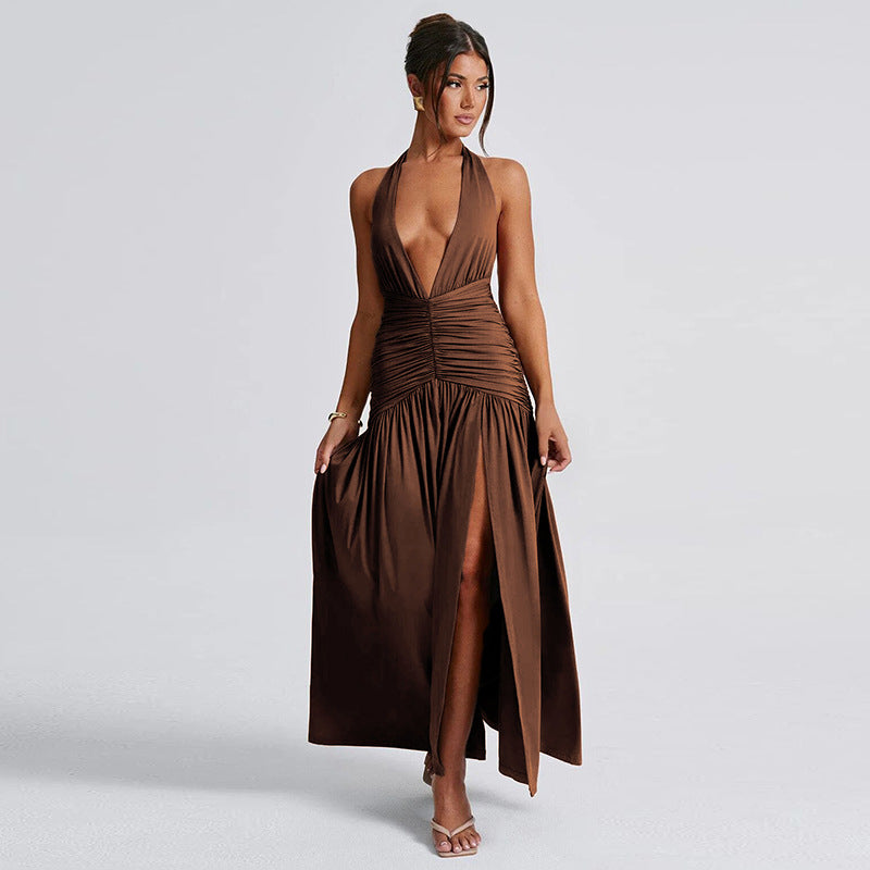 Summer Women Clothing Elegant Halter V neck Dress Sexy Slit Pleated Backless Dress Brown