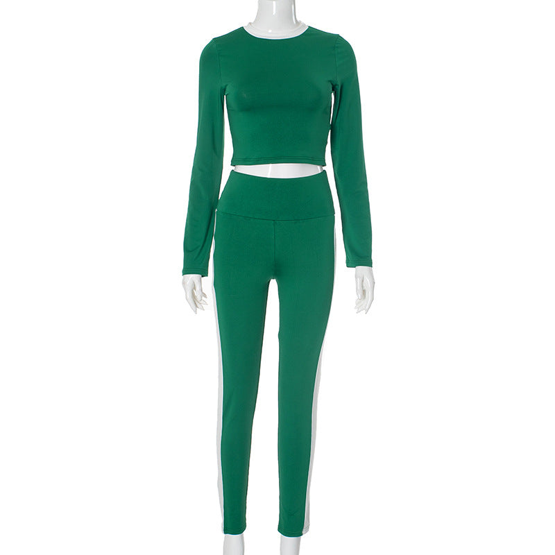 Women Clothing Contrast Color Long Sleeves Short Top High Waist Trousers Casual Two Piece Sets Green