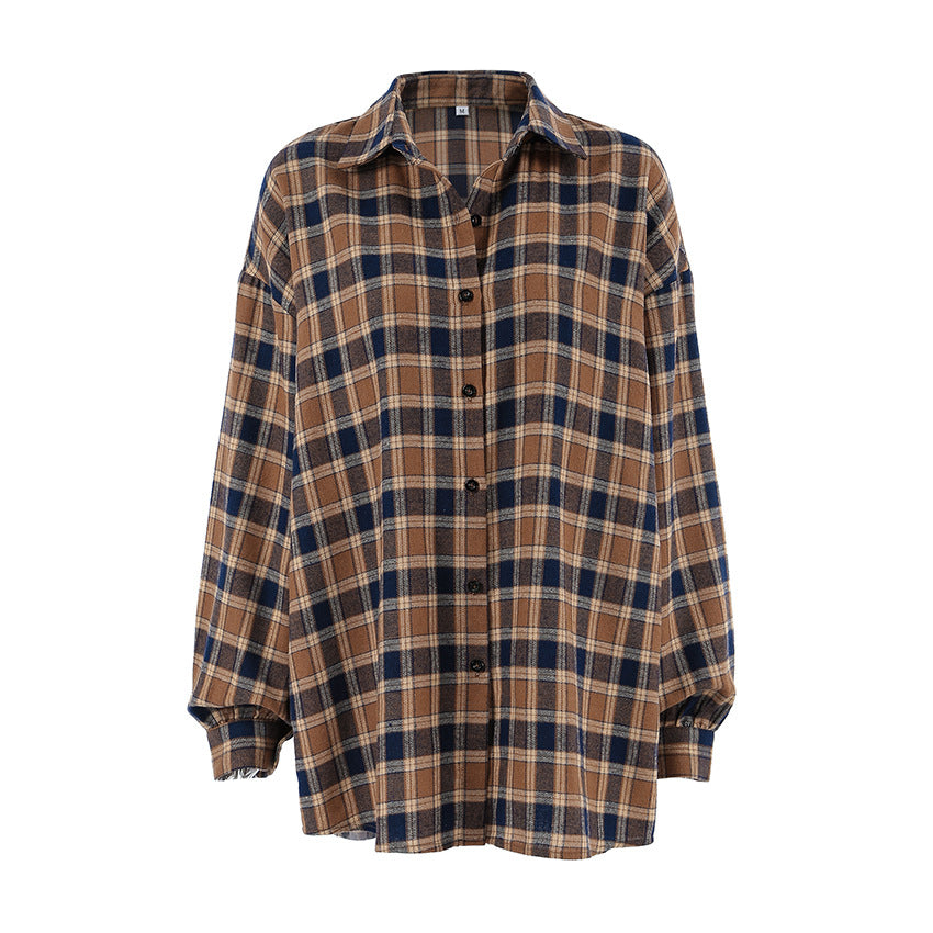 Spring Summer Brown Plaid Collared Loose Shirt Casual Cardigan Women