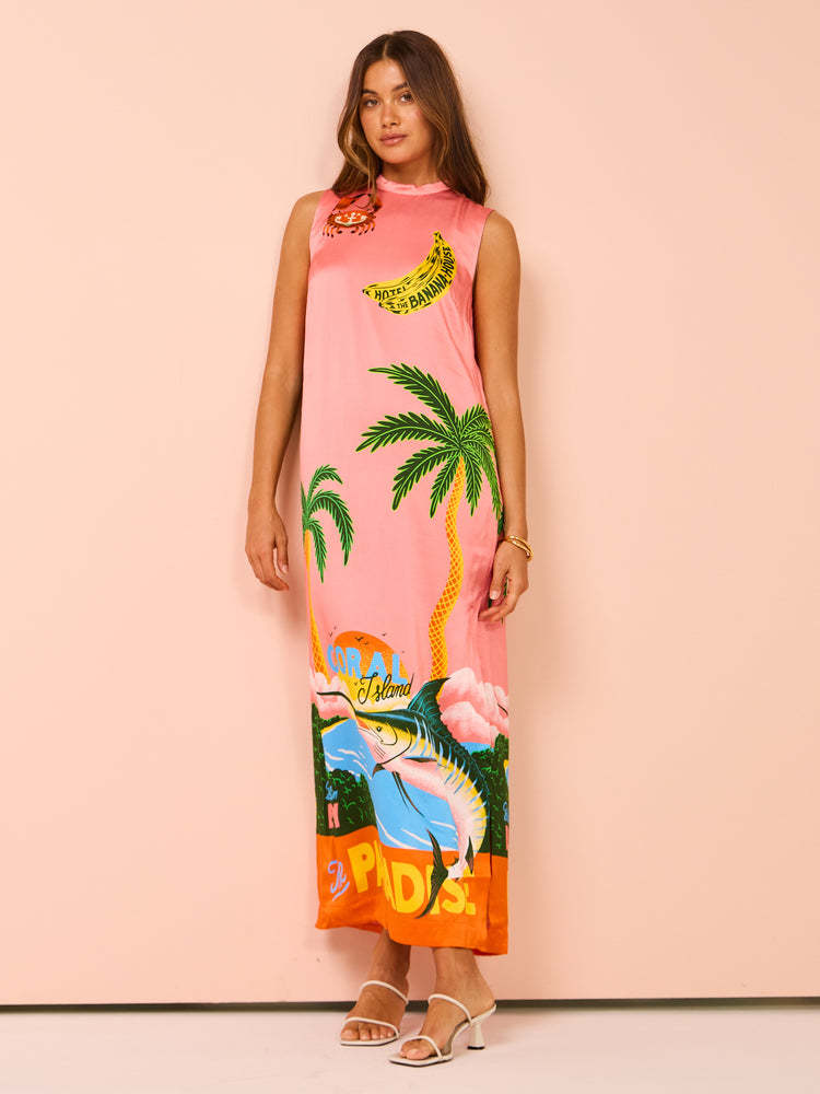 Summer Sleeveless Round Neck Printed Casual Slit Dress Women Multi