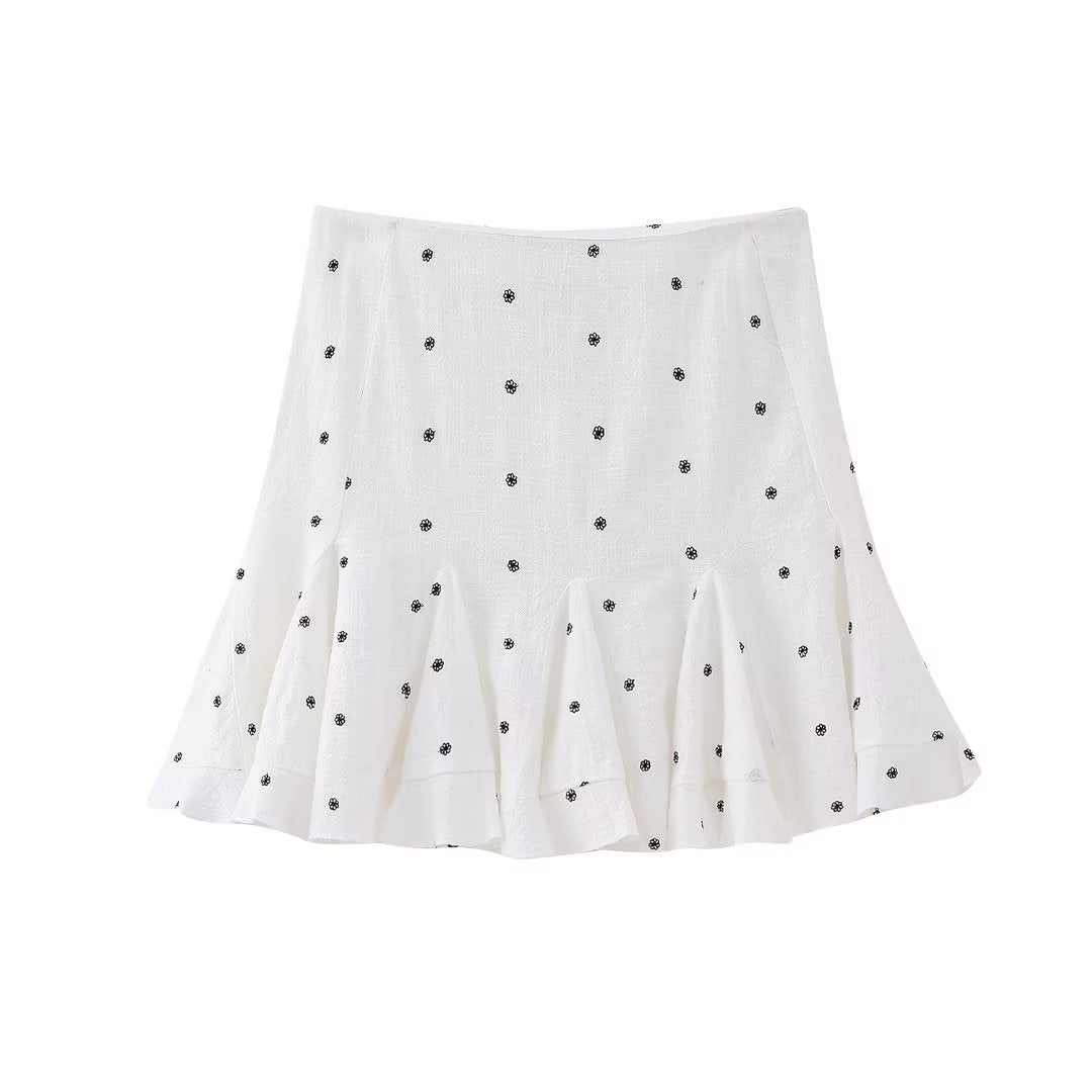 Summer Women Clothing Contrast Color Embroidery Decorative High Waist Mini Skirt White