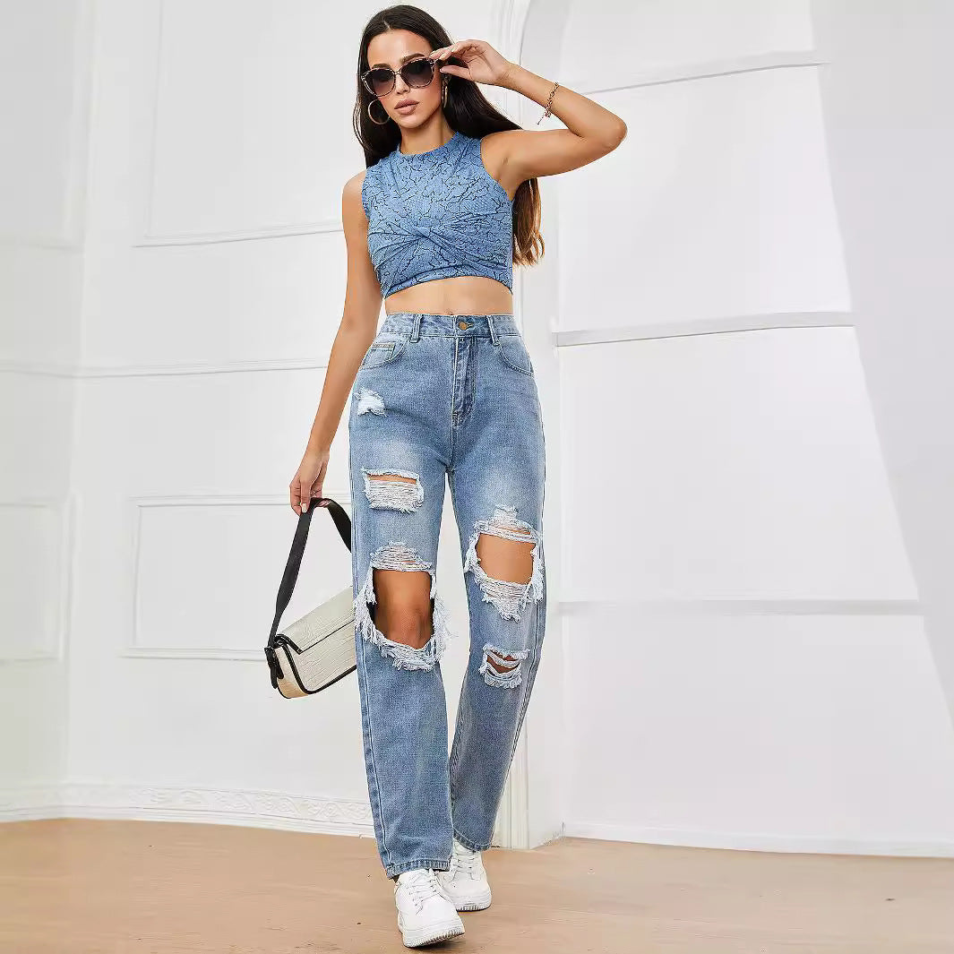 Women Clothing Popular Pants Ripped High Waist Casual Jeans