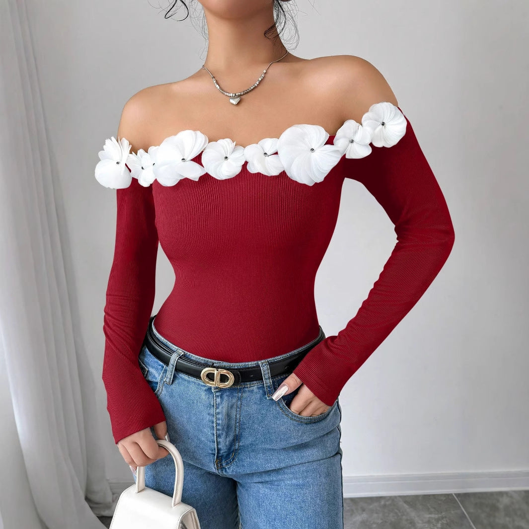 T shirt Popular Three Dimensional Floral Slim Fit off Shoulder Top Red