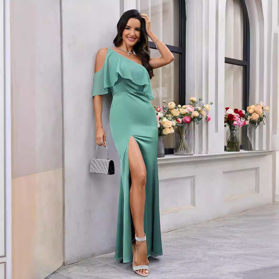 Women Clothing Diagonal Collar off the Shoulder Dress Solid Color Waist Tight Elegant Graceful Dress High Slit Maxi Dress