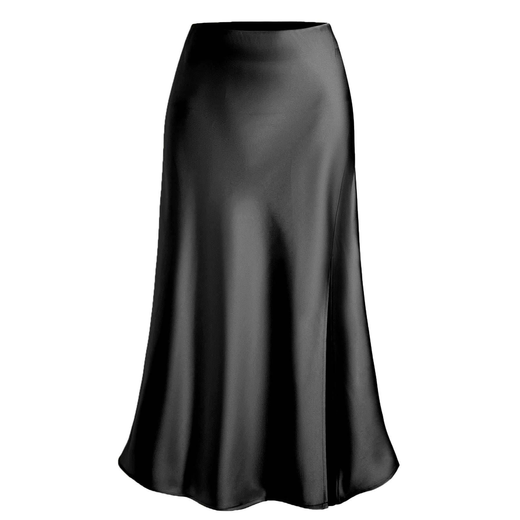 Women Clothing Satin Skirt High Waist Elastic Oblique Slit Long Skirt Sexy Hip Skirt Black