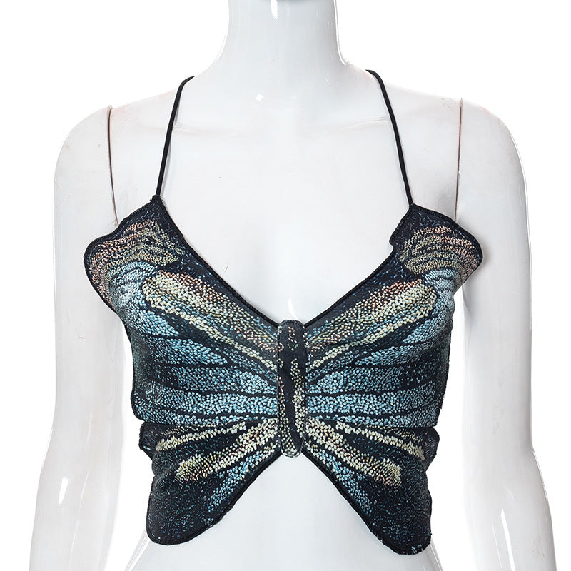 Women Spring Halter Strap Bare Back Short Sexy Butterfly Top One Size Multi