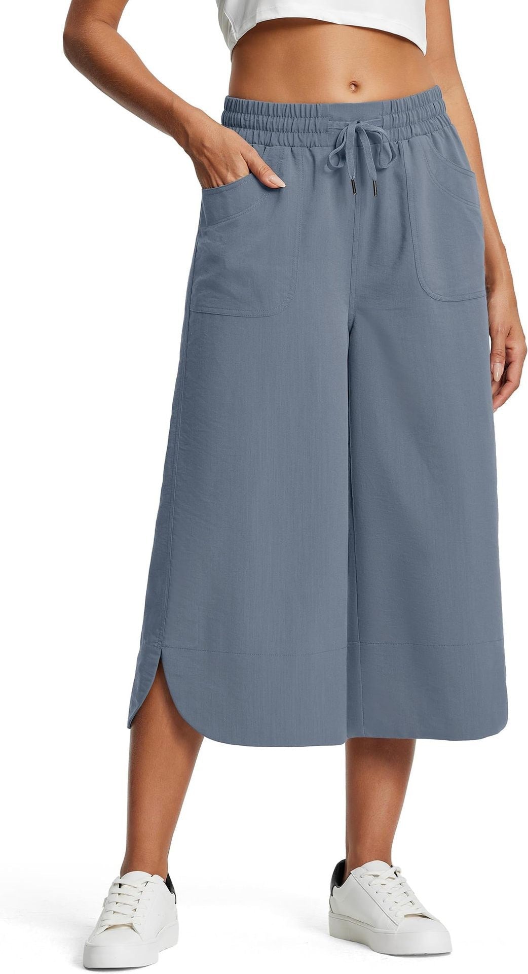 Spring Summer Elastic Waist Solid Color Wide Leg Loose Casual Cropped Pants for Women Blue Gray