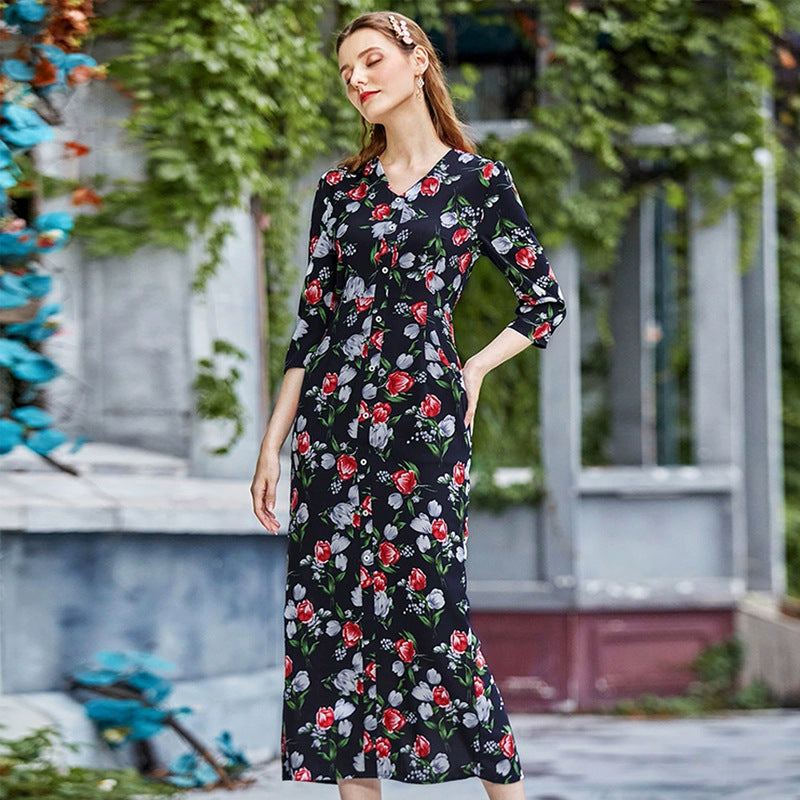 Women Clothing V neck Shirt Sleeve Printing High Waist Long Casual Dress